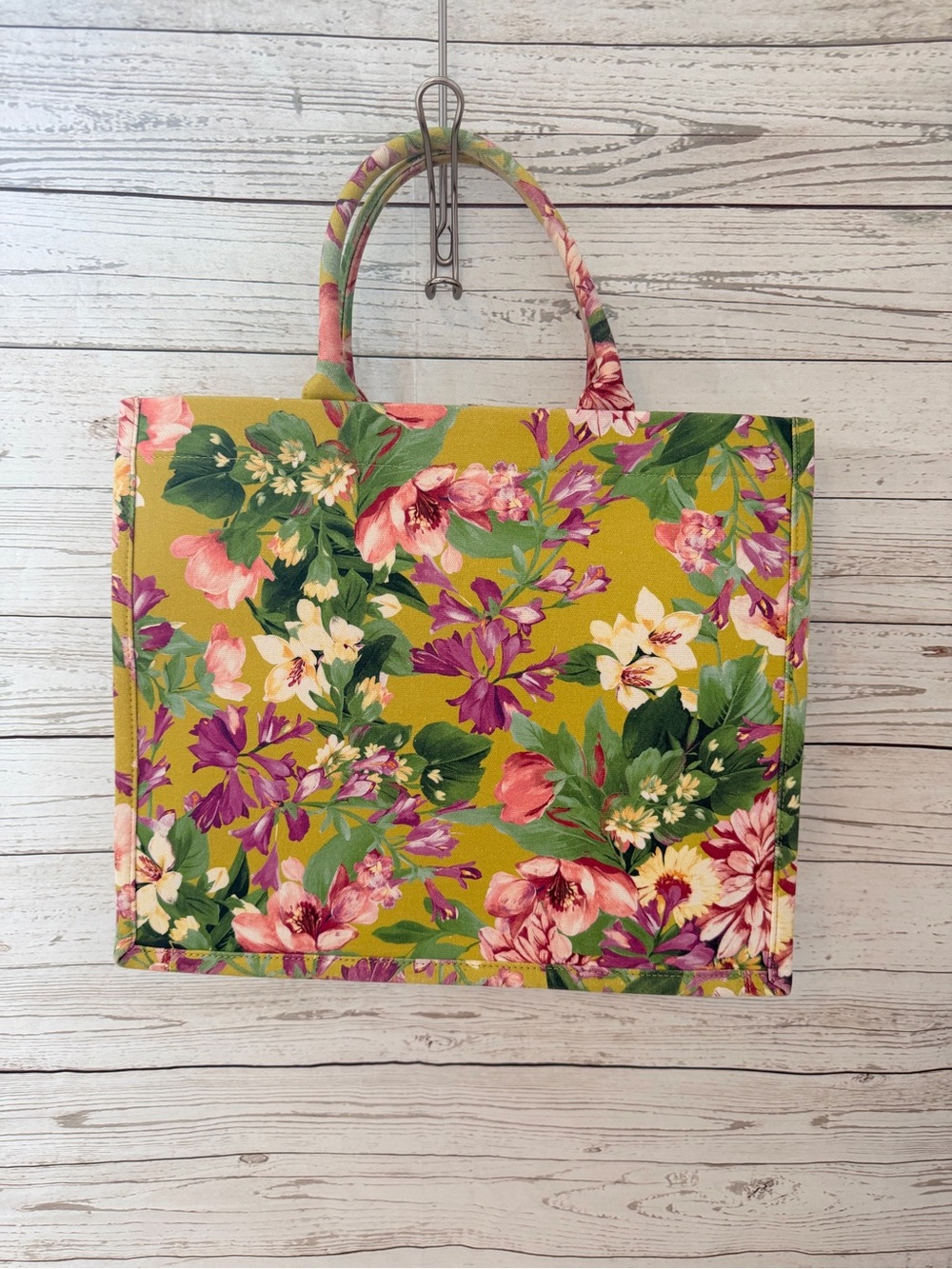 Express Floral Tote - Mustard Yellow with Pink & Green Blooms